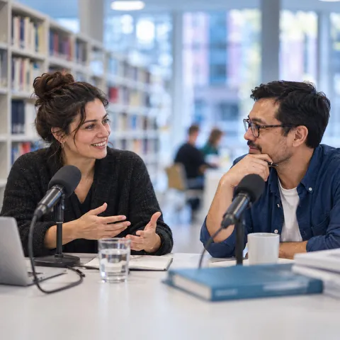 Menschen am Reden in der Bibliothek
