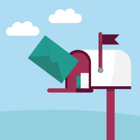 Briefkasten, in den ein Brief eingeworfen wird. Der Hintergrund ist blau mit zwei kleinen Wolken.