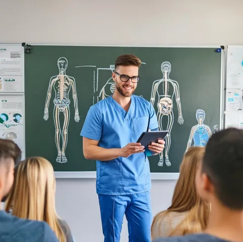 Junge Lehrperson steht vor einer Tafel mit Anatomiezeichnungen und zeigt auf Laptop