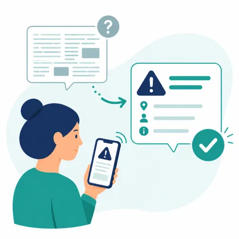 Symbolbild Illustration. Eine Person schaut auf Handy. Sprechblase zeigt vereinfachten Text an.