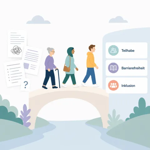 Illustration, die visualisiert - verschiedene Menschen überqueren eine Brücke - wie Leichte Sprache hilft.