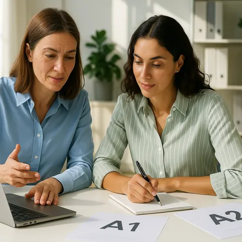 zwei Frauen sitzen vor einem Laptop. Die eine erklärt der anderen etwas zu Sprachstufe A1 und A2