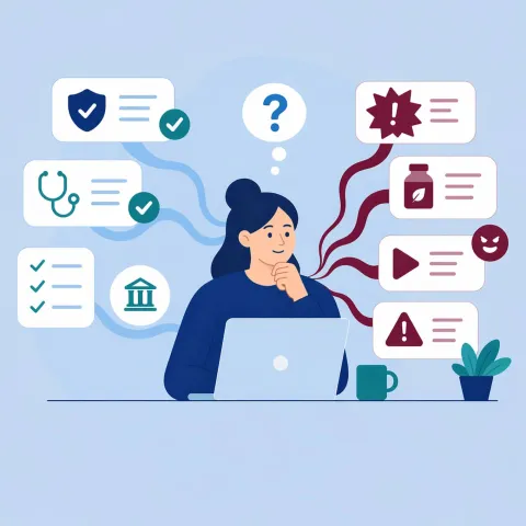 Illustration zur Gesundheitskompetenz: Person prüft digitale Gesundheitsinformationen und unterscheidet Fakten von Fake