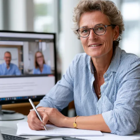 Symbolbild, eine Frau ca. 50 Jahre blickt in die Kamera. Im Hintergrund ist eine Bildschirm mit Teilnehmern eines Onlineworkshops sichtbar.