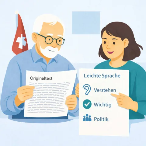 Illustration mit zwei Personen. Eine Person hält ein Blatt mit einem schwierigen Text in der Hand. Die Person daneben die Übersetzung in Leichter Sprache.