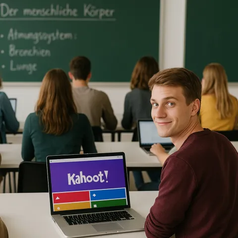 Junger Mann sitzt vor Laptop, in einem Klassenzimmer. Auf dem Laptop ist Kahoot! zu sehen.