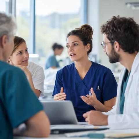 Eine Pflegefachperson bespricht mit einem interprofessionellen Team eine Versorgungssituation.