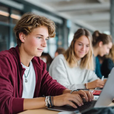 Junge Erwachsene sitzen in einem Klassenzimmer von Laptops