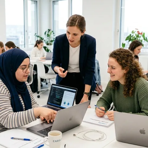 Zwei junge, weibliche Lernende sitzen in einem Klassenzimmer vor Laptops und besprechen etwas mit der Lehrperson, die neben ihnen steht.