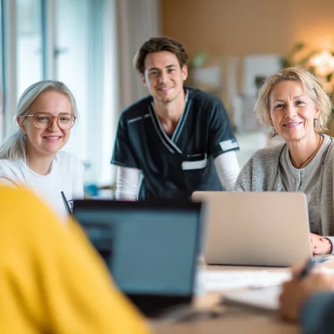 Mehrere junge erwachsene Personen sitzen in einer Workshopsituaton vor Laptops